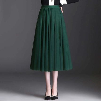 Womens Mid-Waist Pleated Mesh Lace Skirt Black Everyday Wear - green mid-length pleated mesh skirt styled for office or casual outings