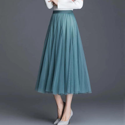 Womens Mid-Waist Pleated Mesh Lace Skirt Black Everyday Wear - teal mid-length pleated mesh skirt styled with heels for casual or office looks