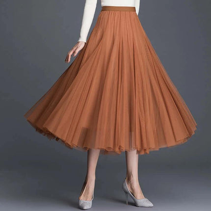 Womens Mid-Waist Pleated Mesh Lace Skirt Black Everyday Wear - rust brown mid-length pleated mesh skirt styled with blouse and heels