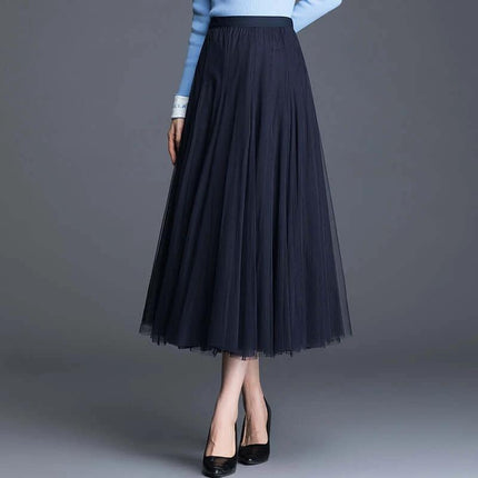 Womens Mid-Waist Pleated Mesh Lace Skirt Black Everyday Wear - mid-length pleated mesh skirt styled with blazer or knit top for office or casual