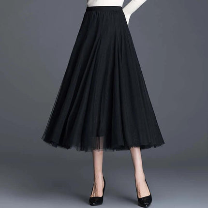 Womens Mid-Waist Pleated Mesh Lace Skirt Black Everyday Wear - mid-length pleated mesh skirt styled with blouse and heels