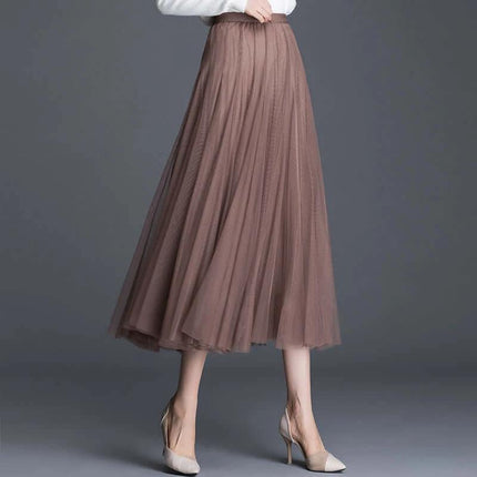 Womens Mid-Waist Pleated Mesh Lace Skirt Black Everyday Wear - brown pleated mid-length mesh skirt styled with blouse and heels for office or casual