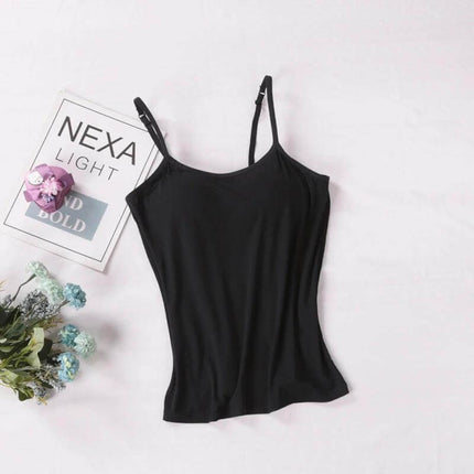 Black slim-fit women's tank displayed flat with flowers and magazine; Women's Modal Camisole Slim Fit Layering Tank S To XXL