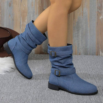 Womens Mid Heel Square Toe Ankle Boots Navy Denim Everyday navy denim slouch ankle boots with buckles, 3–5cm heel for commuting and office wear