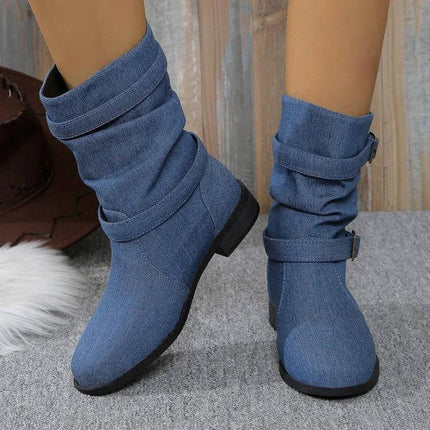 Womens Mid Heel Square Toe Ankle Boots Navy Denim Everyday - navy denim mid-heel square-toe ankle boots with slouchy shaft and buckle detail