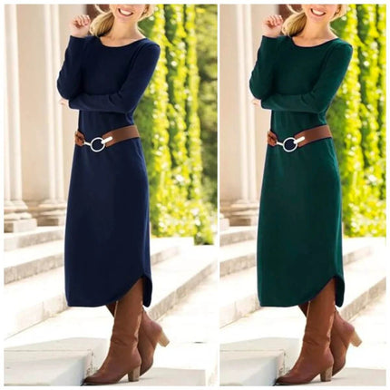 New Women's Navy Solid Color Dress For Everyday Wear – navy long-sleeve polyester midi dress with brown belt and boots, versatile casual workwear