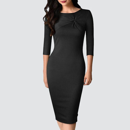Women's Office Sheath Dress High Waist Pencil Skirt in black cotton blend with three-quarter sleeves, high waist and subtle pleat detail for office wear