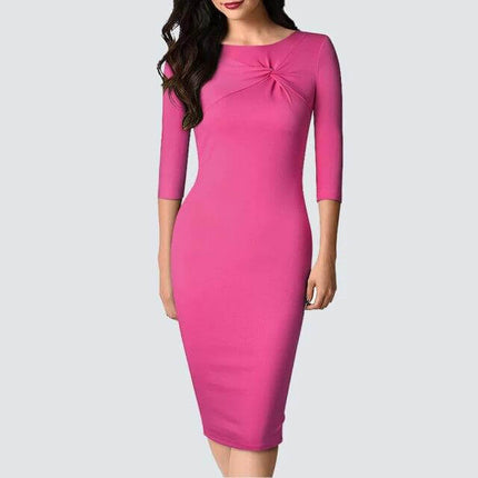 Women's Office Sheath Dress High Waist Pencil Skirt in solid pink with high waist, side zipper placket and subtle pleats, mid-length office sheath style