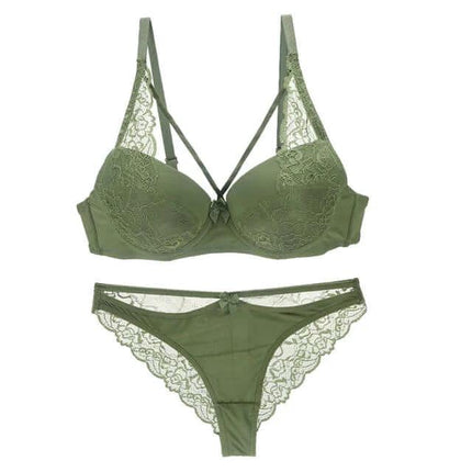 Women's Lace Bra Panty Set For Everyday Comfort And Easy Wear - olive green lace 3/4 cup bra and matching panty set