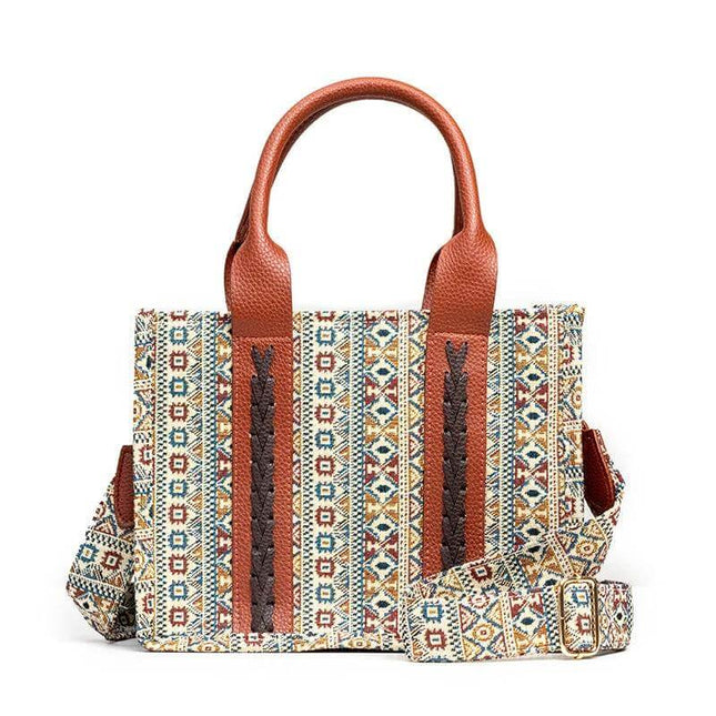 Women's One Shoulder Bohemian Canvas Handbag For Everyday Use - milky white patterned canvas tote with brown leather handles