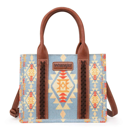Women's One Shoulder Bohemian Canvas Handbag For Everyday Use - sky blue Aztec print canvas tote with leather handles and braided accents