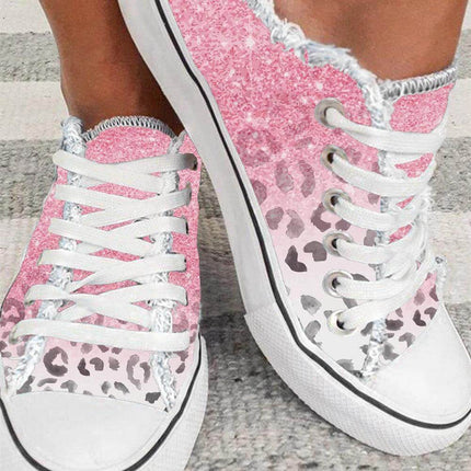 Womens Pink Animal Print Canvas Flats Low Top Casual Shoes - pink leopard print canvas low-top sneakers for casual wear