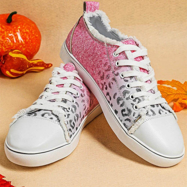 Womens Pink Animal Print Canvas Flats Low Top Casual Shoes - pink leopard print canvas low-top flats with white toe and flexible sole