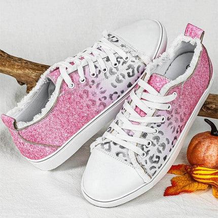 Womens Pink Animal Print Canvas Flats Low Top Casual Shoes - pink leopard print canvas low-top sneakers for everyday casual wear