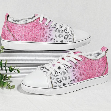 Womens Pink Animal Print Canvas Flats Low Top Casual Shoes - pink leopard print canvas low-top flats for casual wear