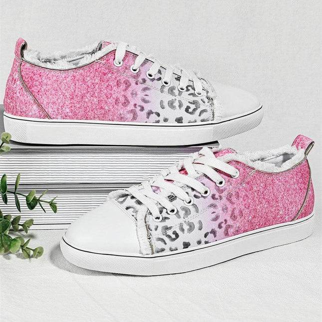 Womens Pink Animal Print Canvas Flats Low Top Casual Shoes - pink leopard print canvas low-top flats for casual wear