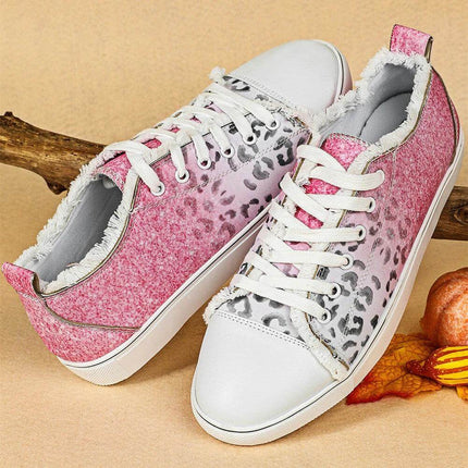 Womens Pink Animal Print Canvas Flats Low Top Casual Shoes in pink leopard print canvas with white toe and flexible sole