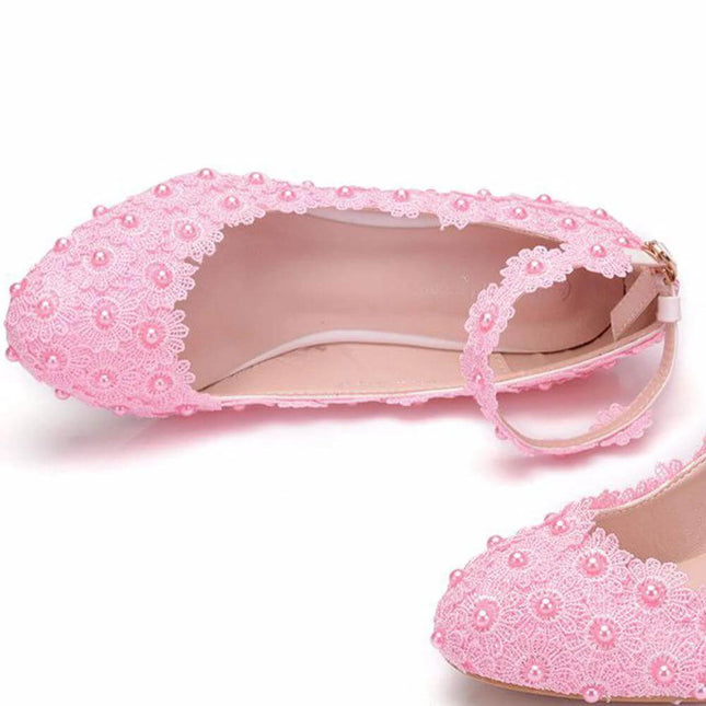Womens White Lace Wedding Shoes With Low Square Heel in pink lace with ankle strap, round toe and low 3.5 cm square heel