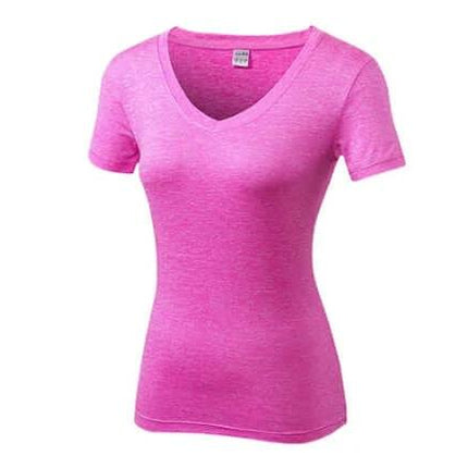 Women V Neck Quick Dry Yoga Tee For Workout And Running - pink short sleeve V-neck moisture-wicking stretch top for yoga, running and gym