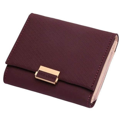 Womens Leather Plaid Wallet For Everyday Cards And Coins - compact burgundy PU leather wallet with snap closure, organized interior for cards and coins