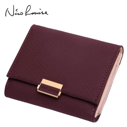 Womens Leather Plaid Wallet For Everyday Cards And Coins - compact burgundy PU leather wallet with plaid texture, card slots and coin pocket