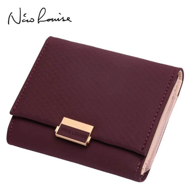 Womens Leather Plaid Wallet For Everyday Cards And Coins - compact burgundy PU leather wallet with plaid texture, card slots and coin pocket