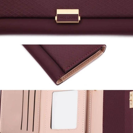 Womens Leather Plaid Wallet For Everyday Cards And Coins - compact burgundy PU leather wallet with plaid texture, card slots, coin pocket, ID window