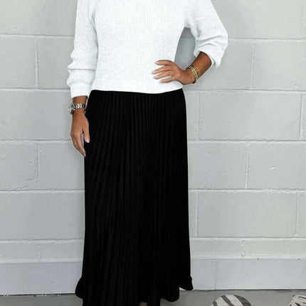 Women's Pleated Long Dress With Round Neck For Workwear - black pleated mid-waist skirt with white pullover top, long sleeves, office-appropriate silhouette