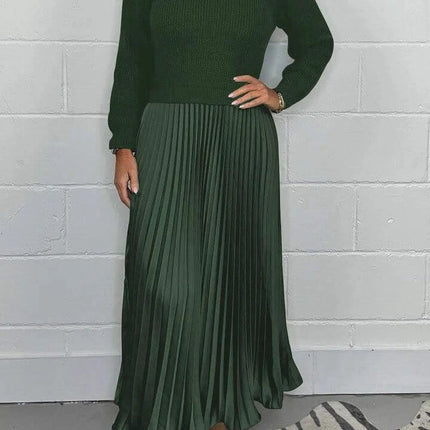 Women's Pleated Long Dress With Round Neck For Workwear - forest green pullover long-sleeve knit top with mid-waist pleated skirt, office outfit