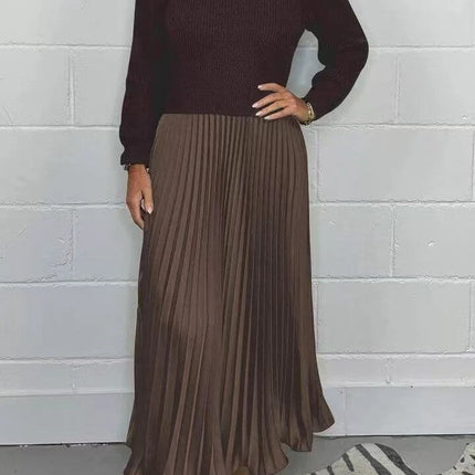 Women's Pleated Long Dress With Round Neck For Workwear - brown pleated mid-waist skirt pullover dress styled for office and commuting