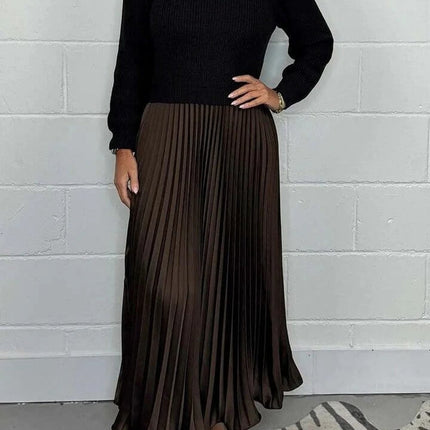 Women's Pleated Long Dress With Round Neck For Workwear in black top and brown pleated mid-waist skirt styled for office wear
