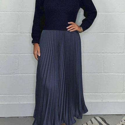 Women's Pleated Long Dress With Round Neck For Workwear - navy pleated mid-waist skirt, long sleeves, pullover style for office and commuting