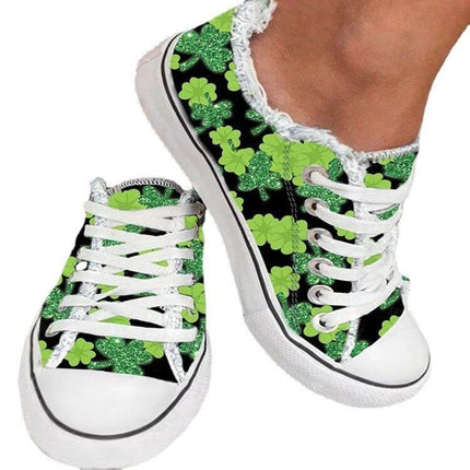 Women's Canvas Low Top Sneakers With Frayed Flower Edge Plus Size green clover print low-top canvas lace-up shoes with frayed flower edge