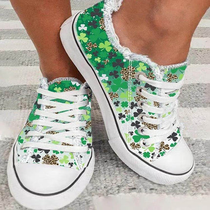 Women's Canvas Low Top Sneakers With Frayed Flower Edge Plus Size in green clover print, low-top lace-up canvas with molded rubber sole
