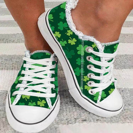 Women's Canvas Low Top Sneakers With Frayed Flower Edge Plus Size - green clover print low-top canvas lace-up shoes with frayed flower edge