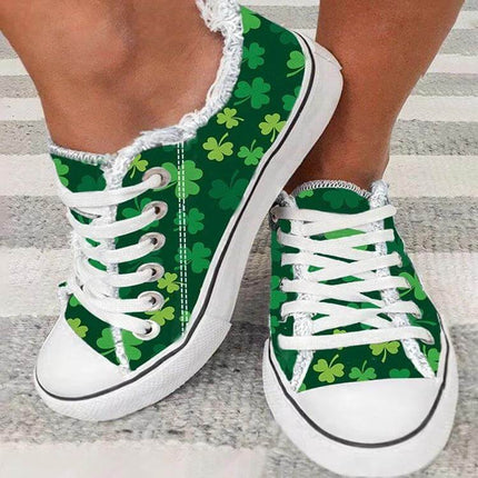 Women's Canvas Low Top Sneakers With Frayed Flower Edge Plus Size green shamrock print low-top canvas lace-up shoes with frayed flower edge