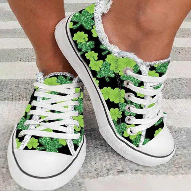 Women's Canvas Low Top Sneakers With Frayed Flower Edge Plus Size — green clover print canvas low-top lace-up shoes with frayed flower edge