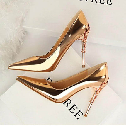 Womens Pointed Toe Stiletto Heels For Everyday Wear - rose gold patent-like 10cm heel with narrow toe and decorative stiletto heel, office to evening style