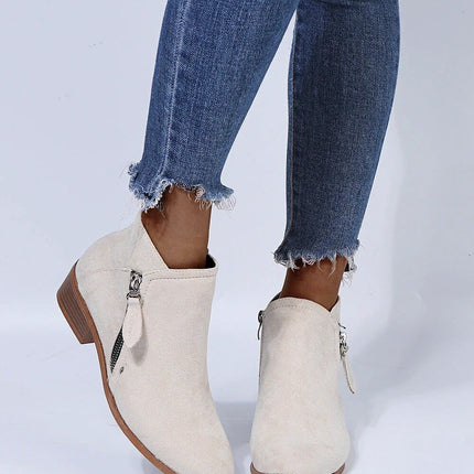 Women's Pointed Toe Ankle Boots Suede Look Low Block Heel in cream suede-effect with low mid heel, side zipper and rubber outsole for workdays and commutes