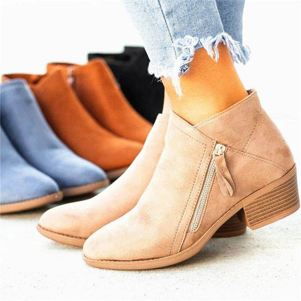 Women's Pointed Toe Ankle Boots Suede Look Low Block Heel in beige suede-effect ankle boot with low block heel, side zip, ideal for workdays and commutes