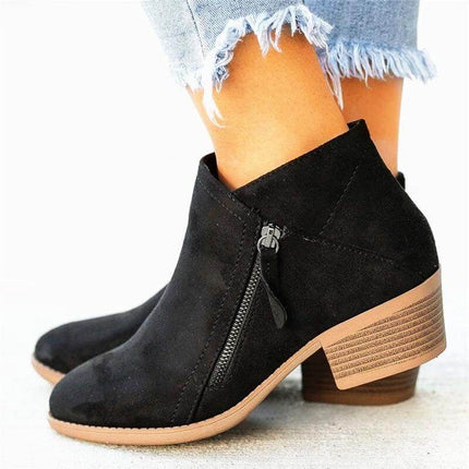 Women's Pointed Toe Ankle Boots Suede Look Low Block Heel in black suede-effect with zipper, low 3–5 cm block heel for workdays and commutes