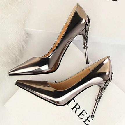 Womens Pointed Toe Stiletto Heels For Everyday Wear - metallic patent-look 10 cm heel PU upper office and evening shoe