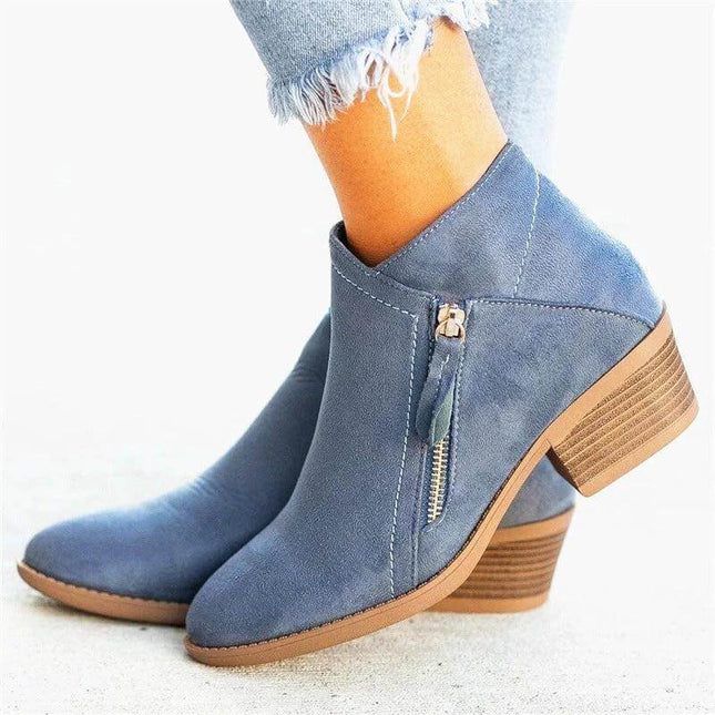 Women's Pointed Toe Ankle Boots Suede Look Low Block Heel in blue suede-effect ankle boot with zipper and low block mid heel for work and commutes