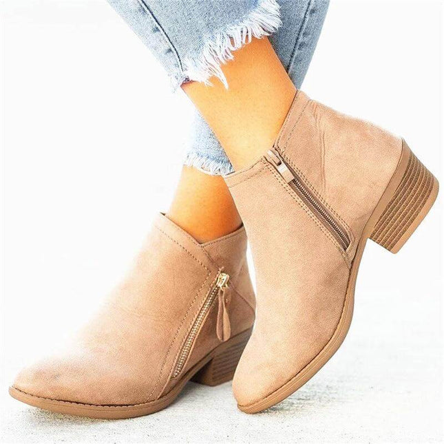 Women's Pointed Toe Ankle Boots Suede Look Low Block Heel in beige suede-effect ankle boot with side zipper, low 3–5cm block heel for work and commutes