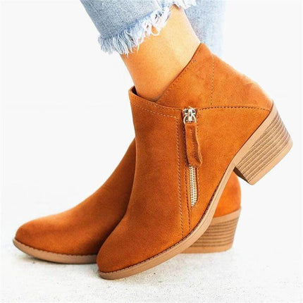 Women's Pointed Toe Ankle Boots Suede Look Low Block Heel in tan suede-effect with side zip, low 3–5 cm block heel for workdays and short commutes