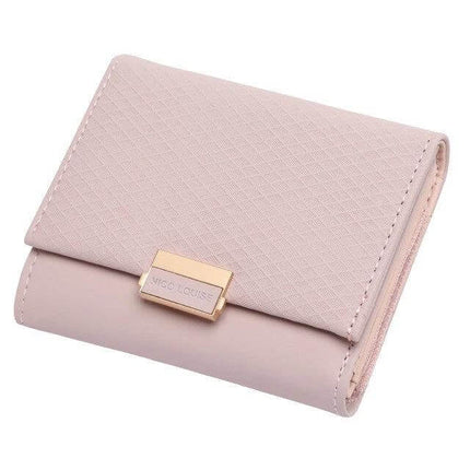 Womens Leather Plaid Wallet For Everyday Cards And Coins - compact pink PU leather wallet with plaid texture and gold clasp for cards and coins