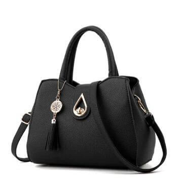 Women's PU Leather Tassel Shoulder Bag Shell Tote For Everyday Use - black litchi‑pattern shell tote with zipper, tassel charm and multiple interior pockets