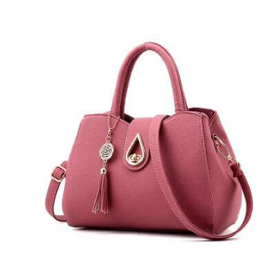 Women's PU Leather Tassel Shoulder Bag Shell Tote For Everyday Use - pink litchi‑pattern zippered shell tote with tassel charm and multiple pockets
