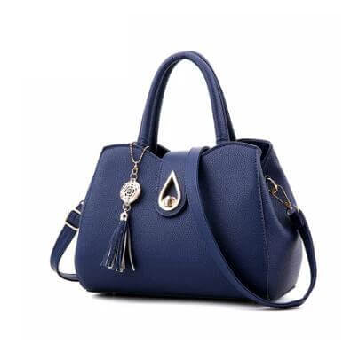 Women's PU Leather Tassel Shoulder Bag Shell Tote For Everyday Use - navy litchi PU leather handbag with tassel and shoulder strap