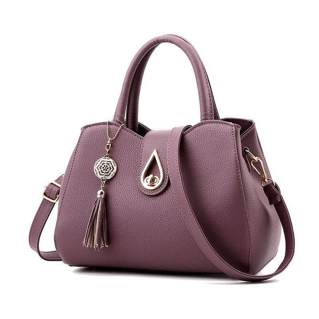 Women's PU Leather Tassel Shoulder Bag Shell Tote For Everyday Use - purple litchi‑pattern shell tote with tassel and top handles